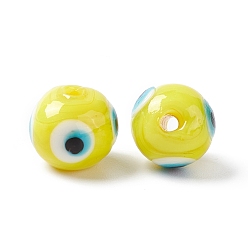 Yellow Handmade Evil Eye Lampwork Beads, Round, Yellow, 12~12.5mm, Hole: 1.6mm