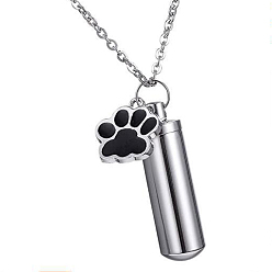 Stainless Steel Color Column and Paw Urn Ashes Pendant Necklace, 201 Stainless Steel Pet Memorial Jewelry for Men Women, Stainless Steel Color, Pendant: 15.3x14.8mm