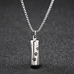 Stainless Steel Color Pet Memorial Necklace, Titanium Steel Urn Ashes Pendant Necklace, Column with Paw Print Locket Pendant Necklace for Men Women, Stainless Steel Color, 24.21 inch(61.5cm)