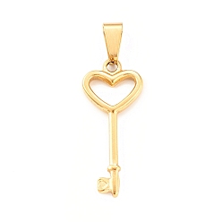 Oro Revestimiento iónico (ip) 304 colgantes de acero inoxidable, encanto de llave de corazón, dorado, 35.5x15x3 mm, agujero: 4x8 mm
