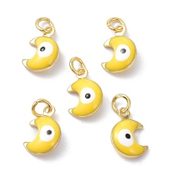 Yellow Brass Enamel Charms, Real 18K Gold Plated, with Jump Rings, Moon with Evil Eye, Cadmium Free & Lead Free, Yellow, 11x7x3.5mm, Hole: 2.6mm