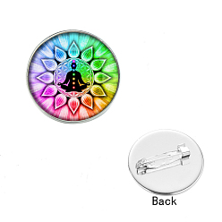 Platinum Yoga Theme Glass Flat Round Lapel Pin, Alloy Badge for Backpack Clothes, Platinum, 25mm