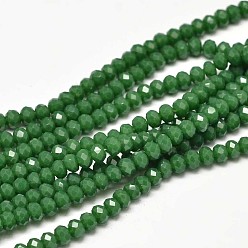 Verde Facetado rondelle cuentas de vidrio hebras, verde, 3.5x2.5~3 mm, agujero: 0.8 mm, sobre 125~128 unidades / cadena, 13.7~14.1 pulgada (35~36 cm)