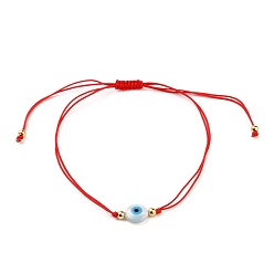 Roja Nylon ajustable pulseras de cuentas trenzado del cordón, pulseras de hilo rojo, con cuentas redondas de latón, cuentas de concha blanca natural y turquesa sintética, mal de ojo, rojo, 2-1/2~3-7/8 pulgada (6.4~10.1 cm)