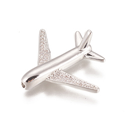 Real Platinum Plated Brass Micro Pave Cubic Zirconia Airliner Beads, Long-Lasting Plated, Lead Free & Cadmium Free & Nickel Free, Passenger Airplane, Clear, Real Platinum Plated, 26.5x22x8mm, Hole: 1.6mm