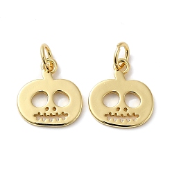 Real 18K Gold Plated Rack Plating Brass Charms, with Jump Ring, Lead Free & Cadmium Free, Long-Lasting Plated, Skull Pumpkin Charm, Real 18K Gold Plated, 13x12x1mm, Hole: 3.5mm
