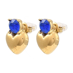 Royal Blue Glass Heart Stud Earrings, Real 18K Gold Plated 304 Stainless Steel Earrings, Royal Blue, 16x16mm