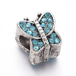Aquamarine Antique Silver Plated Alloy European Beads, with Rhinestone, Large Hole Beads, Butterfly, Aquamarine, 11x10.5x9mm, Hole: 5mm