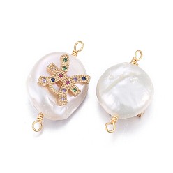 Pisces Natural Pearl Links connectors, with Brass Micro Pave Cubic Zirconia Findings, Flat Round with Constellation, Golden, Colorful, Pisces, 20~26x9~17x5~11mm, Hole: 1.6mm