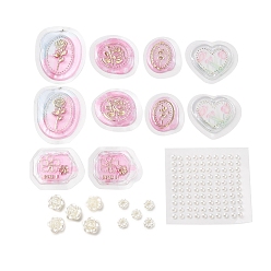 Pink DIY скрапбукинга наборы инструментов, включая наклейки с восковой печатью из смолы, пластиковые жемчужные наклейки и пластиковые бусины в виде цветочных колец, розовые, 34~44x26~36x1.5~2 мм