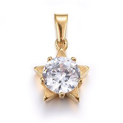 Golden Cubic Zirconia Charms, with 304 Stainless Steel Findings, Star, Clear, Golden, 14x12x5.5mm, Hole: 5x3mm