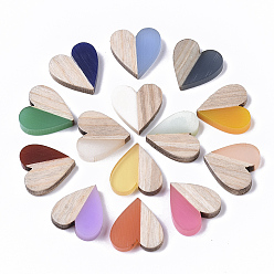 Color mezclado Cabujones de resina y madera de dos tonos, corazón, color mezclado, 15x14.5x3 mm