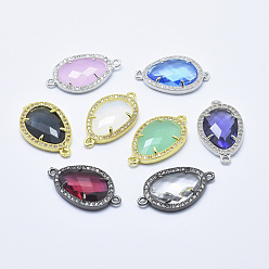 Mixed Color Brass Micro Pave Cubic Zirconia Links, with Glass, Faceted, Teardrop, Mixed Color, 28x16x4.5mm, Hole: 1.6mm