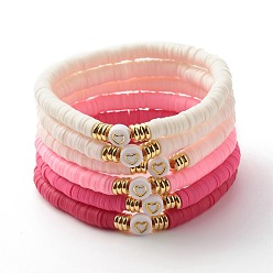 Couleur Mélangete Perles heishi en argile polymère faites à la main bracelets extensibles sertis de perles à motif coeur pour femmes, couleur mixte, diamètre intérieur: 2-1/4 pouce (5.7 cm), 6 pièces / kit