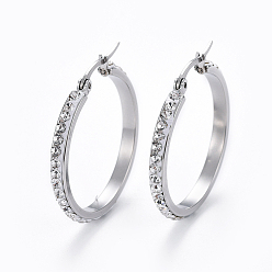 Stainless Steel Color 304 Stainless Steel Hoop Earrings, with Polymer Clay Rhinestone, Crystal, Stainless Steel Color, 32x32x3mm, Pin: 0.7x1mm