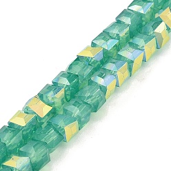 Средний Аквамарин Выпечки нарисованных стеклянных бусин прядей, имитация Opalite, граненые, с покрытием AB цвета, кубические, средний аквамарин, 6.5x6.5x6 мм, отверстие : 1.2 мм, около 95 шт / нитка, 22.83~23.03'' (58~58.5 см)