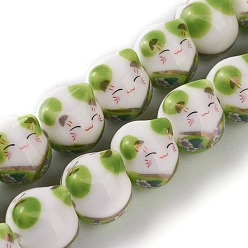 Vert Perles de porcelaine imprimés faits à la main, chat porte-bonheur avec motif de fleurs, verte, 15mm, Trou: 2.3mm, Environ 25 pcs/chapelet, 13.58'' (34.5 cm)