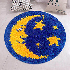 Moon Flat Round Latch Hook Rug Kit, DIY Rug Crochet Yarn Kits, Including Color Printing Screen Section Embroidery Pad, Needle, Acrylic Wool Bundle, Moon Pattern, 450x1.5mm