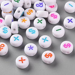 Mixed Color Craft Style White Acrylic Hashtag Beads, Flat Round with Mixed Color English Character, Mixed Color, 7x3.5mm, Hole: 1.5mm, about 4540pcs/500g.