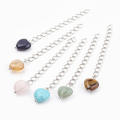 Pierre Mélangete Rallonge de chaîne en laiton, avec des perles de pierres fines, cœur, platine, 73x4 mm, coeur: 15x10x5 mm