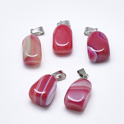 Red Natural Banded Agate/Striped Agate Pendants, Dyed, with Stainless Steel Snap On Bails, Cuboid, Stainless Steel Color, Red, 20~23x9~13x9~13mm, Hole: 3~4x7~8.5mm