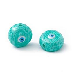 Turquesa Perlas de vidrio, con esmalte, redondo plano con patrón de mal de ojo, turquesa, 14~14.5x9 mm, agujero: 1.2 mm
