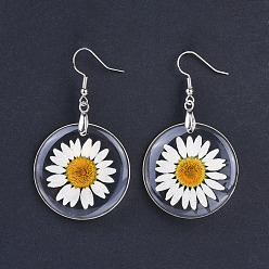 Clear Alloy Resin Dried Flower Dangle Earrings, with Platinum Tone Brass Earring Hooks, Clear, 57mm, Pin: 0.7mm 