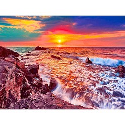 Colorful Oceanside Sunset Scenery DIY Diamond Painting Kit, Including Resin Rhinestones Bag, Diamond Sticky Pen, Tray Plate and Glue Clay, Colorful, 400x300mm