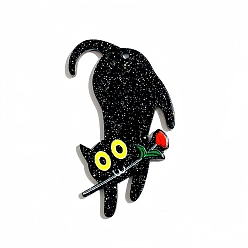 Черный Акриловые подвески на кошачью тематику, с блеском порошок, роза, чёрные, 49x27x2.3 мм, отверстие : 1.8 мм