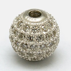 Silver Round 925 Sterling Silver Beads, with Micro Pave Cubic Zirconia, Silver, 6mm, Hole: 1mm