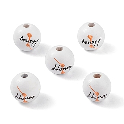 White Printed Natural Wood European Beads, Large Hole Bead, Round with Word Honey, White, 16mm, Hole: 4mm