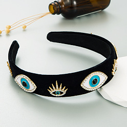Evil Eye Bandas para el cabello retro con esmalte de diamantes de imitación y mal de ojo, aro de pelo ancho de tela, accesorios para el cabello para mujeres niñas, mal de ojo, 130x150x22 mm