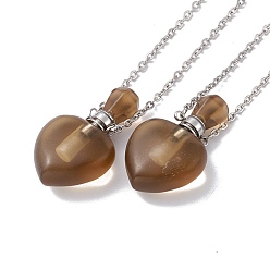 Synthetic Gemstone Openable Heart Synthetic Smoky Quartz Perfume Bottle Pendant Necklaces for Women, 304 Stainless Steel Cable Chain Necklaces, Stainless Steel Color, 18.62 inch(47.3cm)