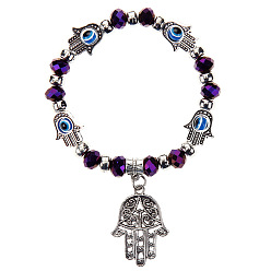 Purple Lampwork Evil Eye & Glass Beaded Stretch Bracelet with Alloy Hamsa Hand Charm for Women, Purple, 7-1/2 inch(19cm)