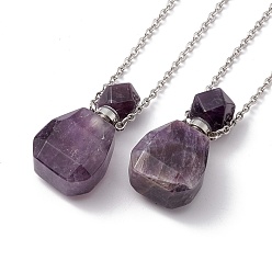 Amethyst Openable Faceted Natural Amethyst Perfume Bottle Pendant Necklaces for Women, 304 Stainless Steel Cable Chain Necklaces, Stainless Steel Color, 18.50 inch(47cm)