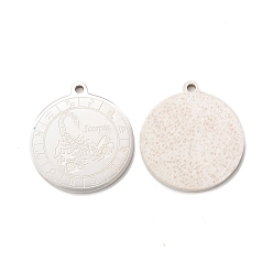 Scorpio 304 Stainless Steel Pendants, Flat Round with Constellations Charm, Stainless Steel Color, Scorpio, 28x25x1.5mm, Hole: 2mm