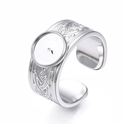Stainless Steel Color 304 Stainless Steel Open Cuff Finger Ring Cabochon Settings, Flat Round, Stainless Steel Color, US Size 7 1/4(17.5mm), Tray: 8mm