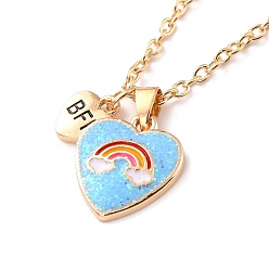 Deep Sky Blue BFF/Best Friends Forever Alloy Pendant Necklaces, Enamel Glitter Powder Heart & Rainbow Necklace, Golden, Deep Sky Blue, 18.18 inch(46.2cm), 1.7mm