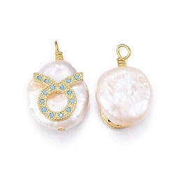 Taurus Natural Cultured Freshwater Pearl Pendants, with Brass Micro Pave Cubic Zirconia Findings, Nuggets with Constellation, Golden, Deep Sky Blue, Taurus, 17~22x11~16x5~11mm, Hole: 1.6mm