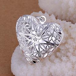 Silver Brass Hollow Heart Diffuser Locket Pendants, Silver Color Plated, 31x26mm