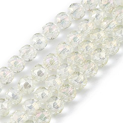 Jaune Clair Transparentes perles de verre de galvanoplastie brins, facette, ronde, plein arc-en-plaqué, jaune clair, 9~10x9~9.5mm, Trou: 1.4mm, Environ 54~60 pcs/chapelet, 18.90~21.65 pouce (48~55 cm)