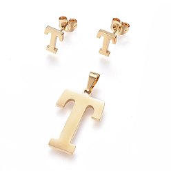 Letter T 304 pendentifs en acier inoxydable et des boucles d'oreilles ensembles de bijoux, alphabet, letter.t, 20~23x13~19x1.5mm, trou: 6x3 mm, 6~10x6~9x1 mm, pin: 0.8 mm