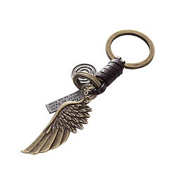 Wing Punk Style Woven Cow Leather Alloy Pendant Keychain, for Car Key Pendant, Wing Pattern, 12cm