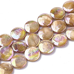Dark Goldenrod Freshwater Shell Beads Strands, AB Color Plated, Dyed, Flat Round, Dark Goldenrod, 10~11.5x3~4mm, Hole: 1mm, 34pcs/strand, 15.15 inch