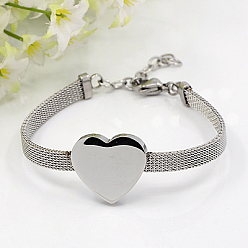 Stainless Steel Color Fashionable 304 Stainless Steel Bracelets, with Lobster Claw Clasps, Heart, Stainless Steel Color, 7-1/8 inch(180mm), 6mm