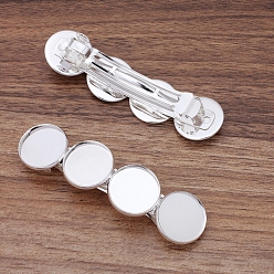Silver Iron Hair Barrette Findings, with Brass Flat Round Bezel Settings, Silver, 86x22mm, Tray: 20mm