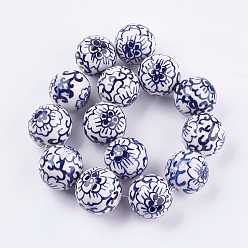 Средно-синий Ручной синий и белый шарики фарфора, круглая с цветком, светло-синий, 27~28 мм, отверстие : 3 мм