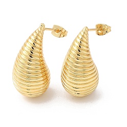 Real 18K Gold Plated Rack Plating Brass Teardrop with Stripe Stud Earrings, Long-Lasting Plated, Cadmium Free & Lead Free, Real 18K Gold Plated, 28~29x14.5mm