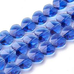 Azul Perlas de vidrio transparentes, facetados, corazón, azul, 10x10x6.5 mm, agujero: 1 mm