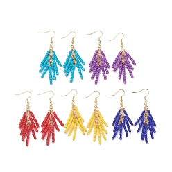 Mixed Color Baking Paint Glass Seed Beads Dangle Earrings, with Golden Plated Brass Earring Hooks, Mixed Color, 68mm, Pin: 0.6mm